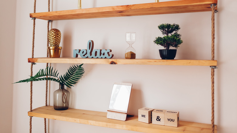 bookshelf with ropes at sides