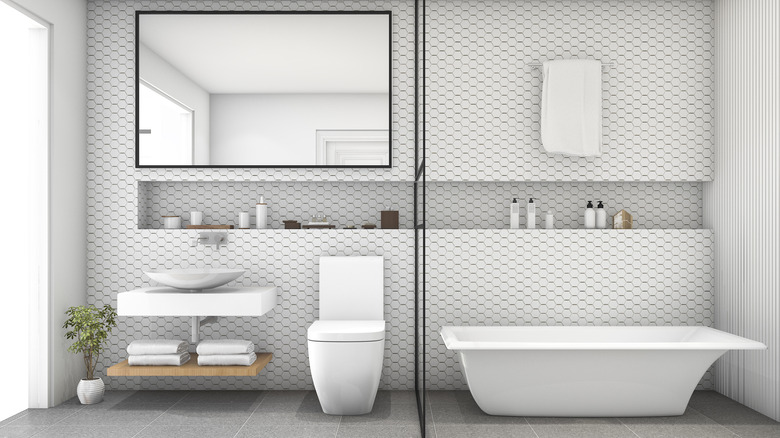 Gray and white tiled bathroom