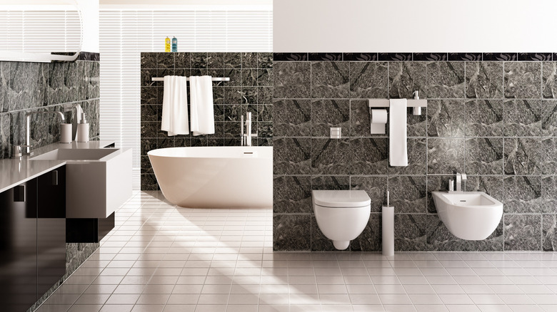 Bathroom with gray and white tiles
