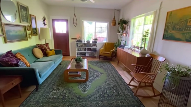 Living room with green rug