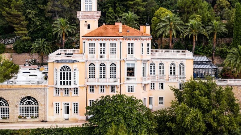 tall French mansion with trees 