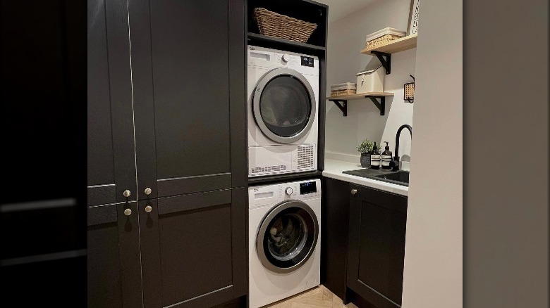 Black and wicker laundry room