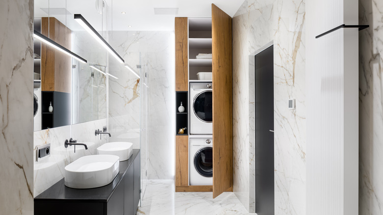 Marble and wood bathroom laundry