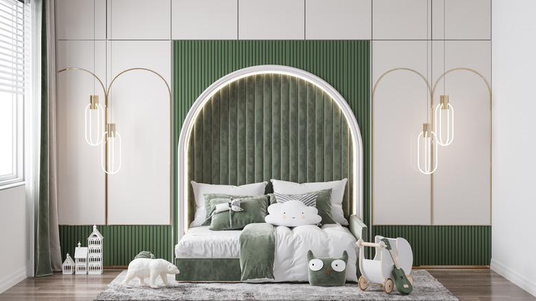 bedroom with velvet headboard