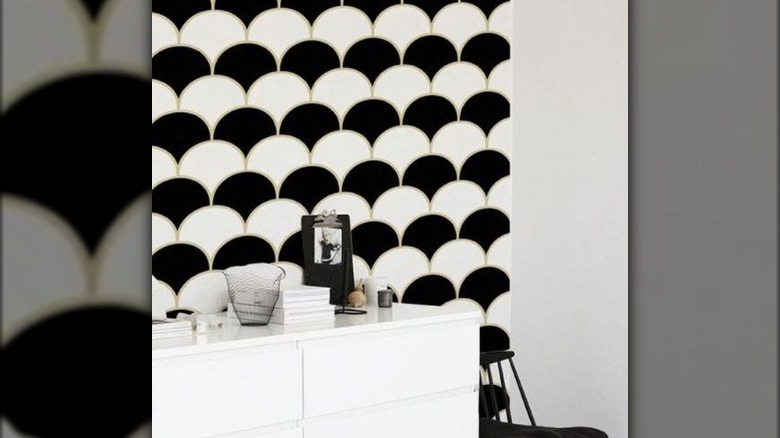 scallop wallpaper and dresser