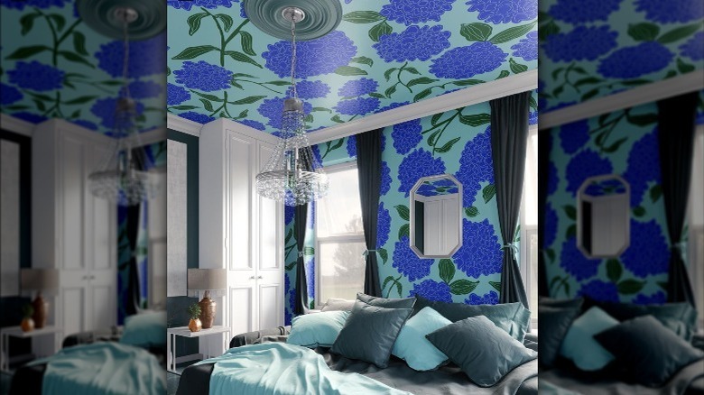 blue floral wallpaper in bedroom