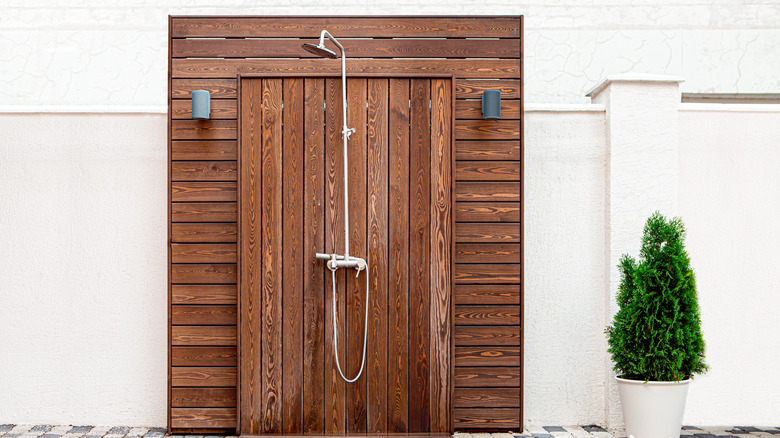wooden outdoor shower