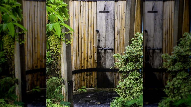 outdoor shower with bamboo walls