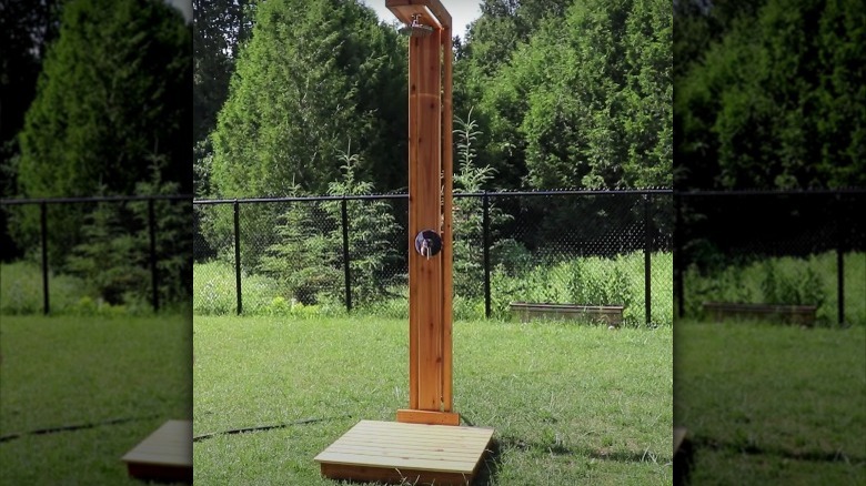 wooden freestanding outdoor shower