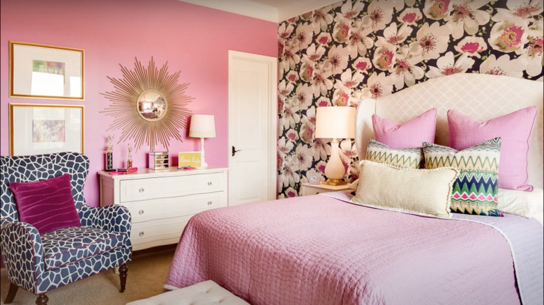 Pink bedroom with floral focal point