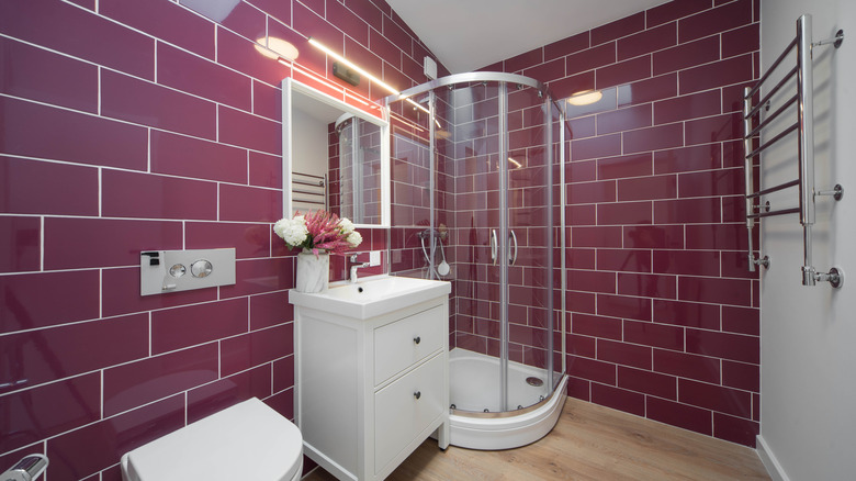 Plum subway tiles bathroom walls