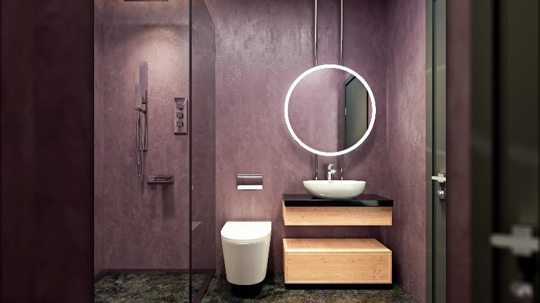 Raw finish purple bathroom wall