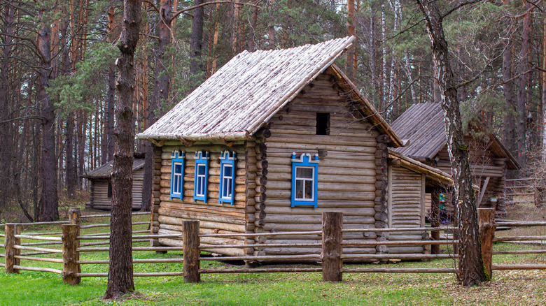 log cabin with blue windowframes
