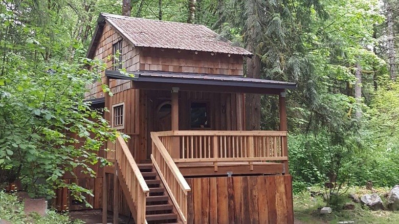 small cabin with cedar side shingles