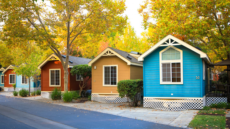 row of colorful small cabins