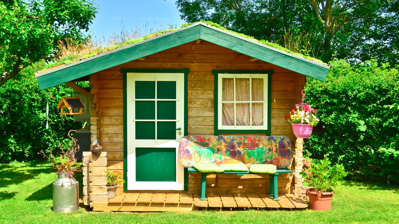 cabin with a mossy roof