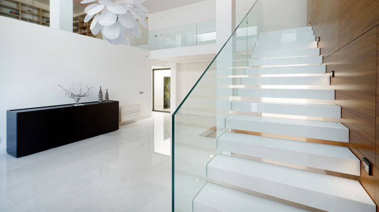 Modern entrance with white staircase