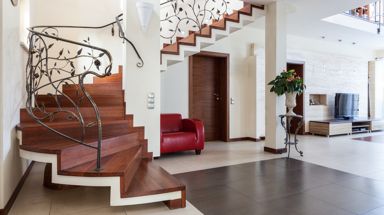 Living room interior, classic staircase
