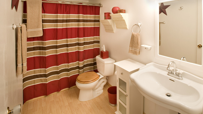 Bathroom with red and brown curtain