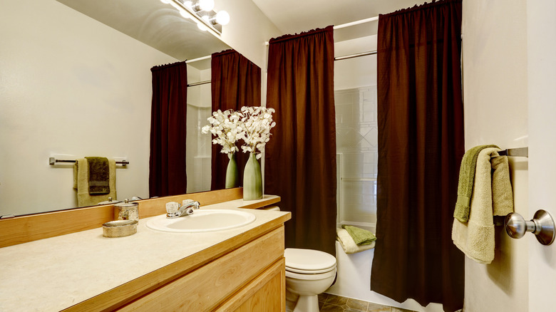 chocolate brown curtains in bathroom