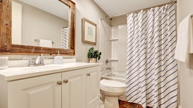 striped shower curtain in bathroom