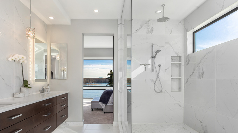 walk-in shower with a window