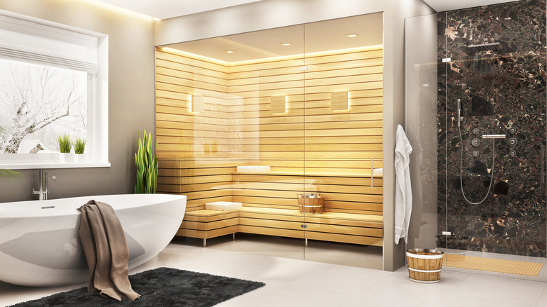 bathroom with sauna and tub