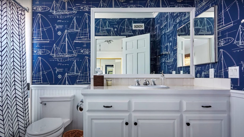 Boat blueprint wallpaper in bathroom