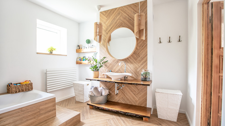 Bathroom with wood wallpaper