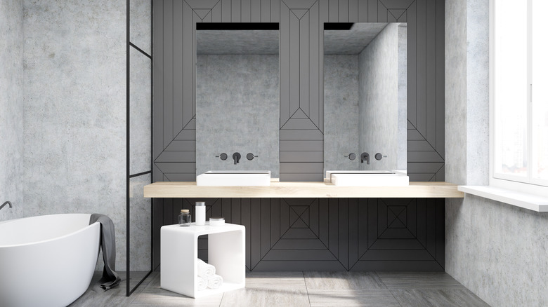 Gray bathroom with wallpaper