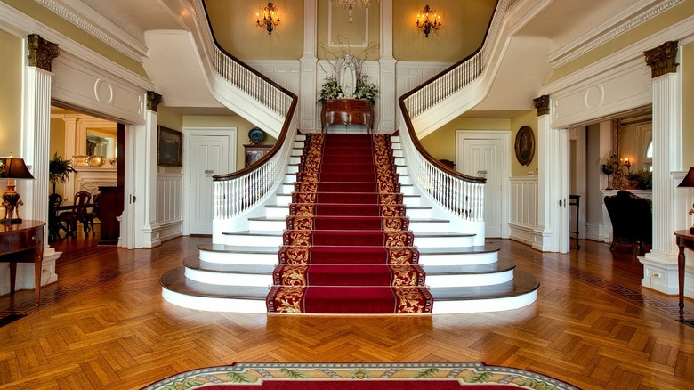 red floral staircase carpet