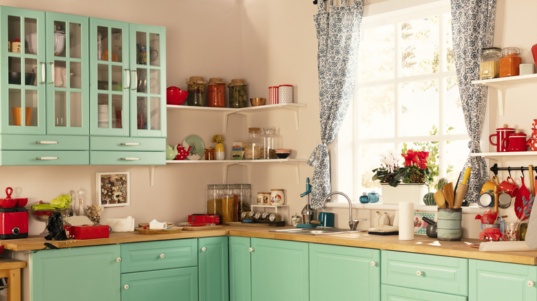 Floral curtains in a kitchen