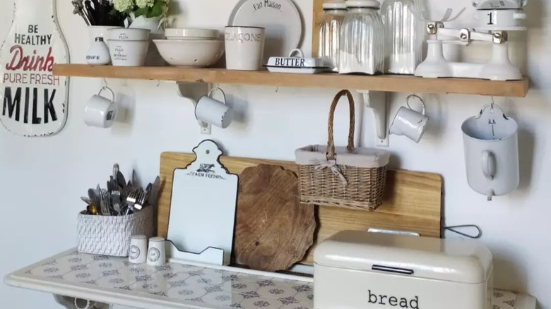 cluttered cute kitchen shelves