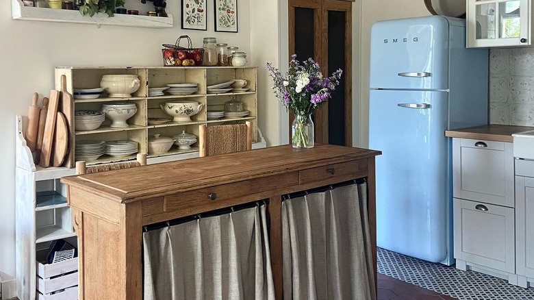 kitchen with blue smeg fridge