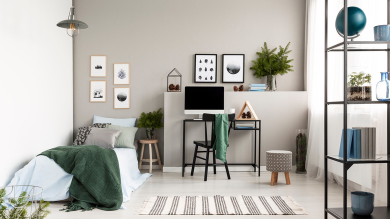 Green and warm gray bedroom