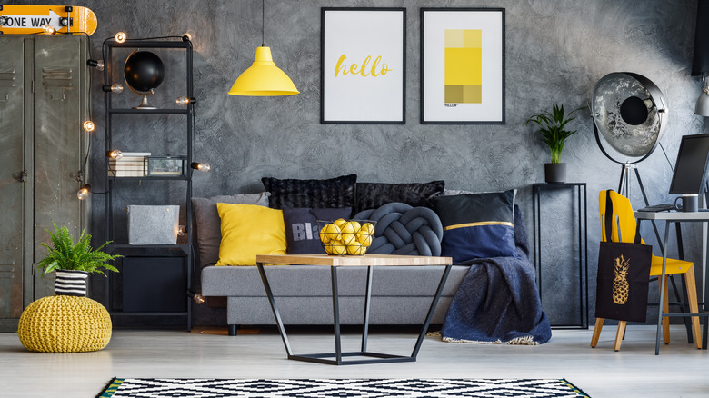 gray and yellow living room