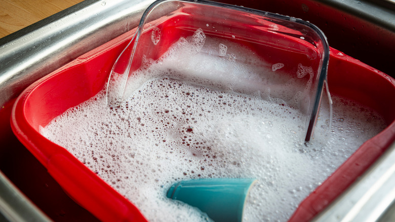 A bucket of soapy water