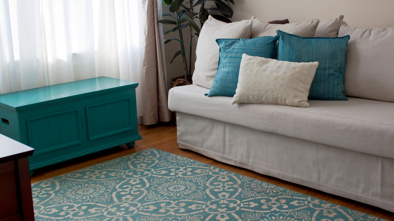 teal rug in living room