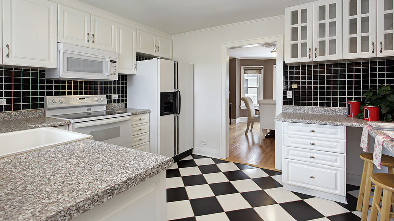 small kitchen checkerboard floor