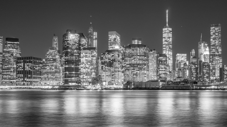 black white city skyline night