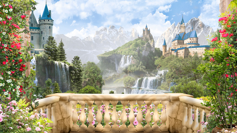 castle, waterfall, balcony mural