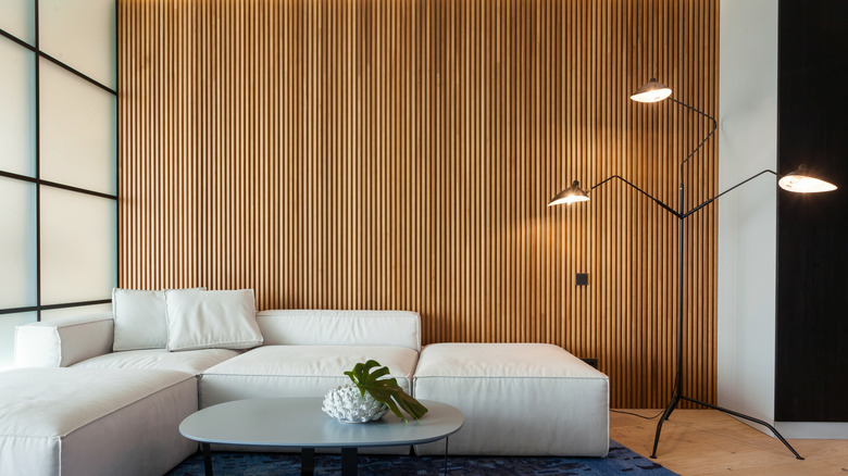 Living room with wood paneling