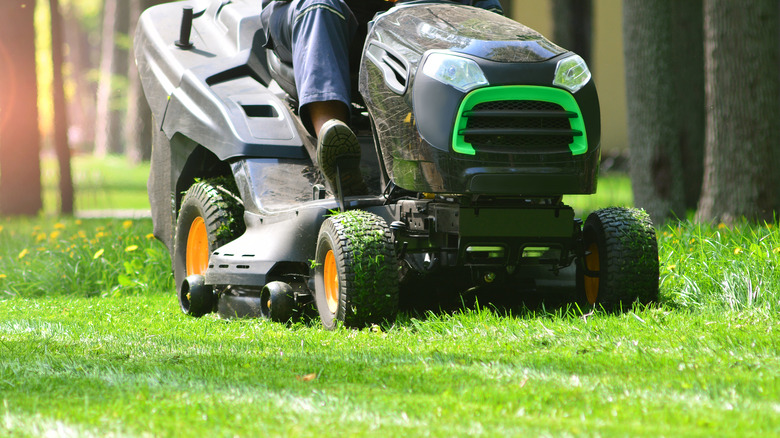 Riding mower cutting grass