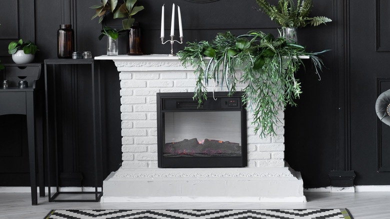 White painted brick fireplace