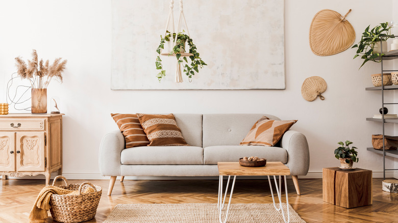 Living room with plants, wood