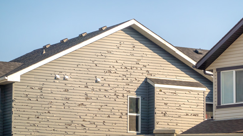 Vinyl siding damaged by a hail storm