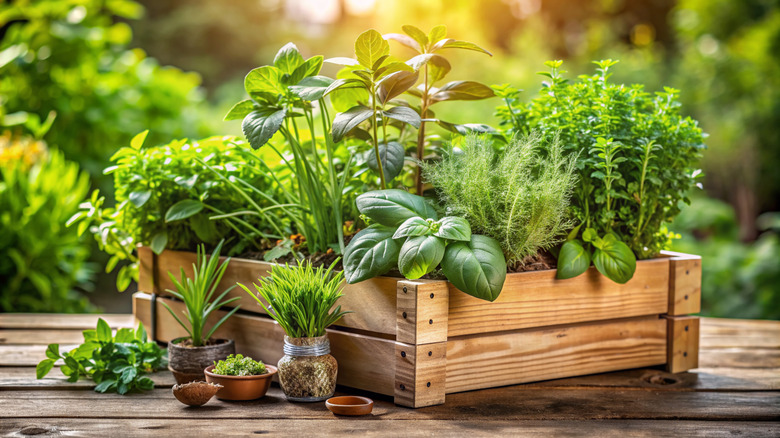 A thriving herb garden in a wooden crate sitting on a timber table with smaller pots of herbs next to it