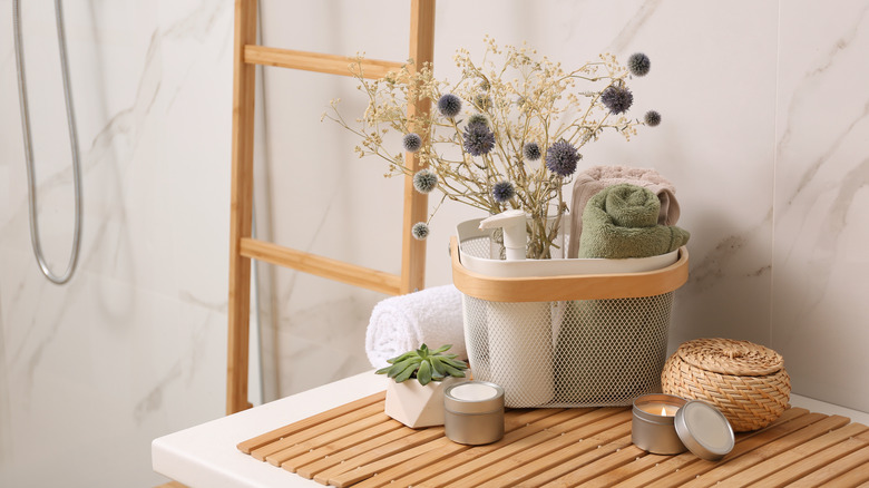 basket of toiletries in bathroom