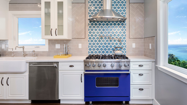 blue range oven stylish kitchen