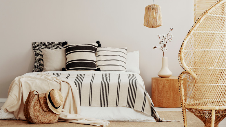 Bedroom with striped blankets